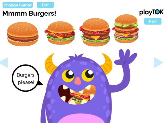 Screenshot from playTOK Build-A-Burger Boom Card with image of monster ready to eat burgers.