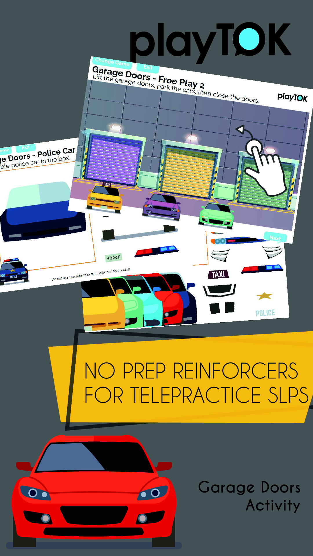 Boom Cards for speech therapy - online sticker scenes featuring desigining cars and garage door games